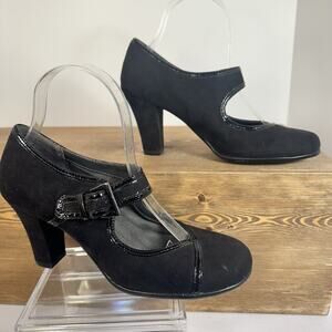 Aerosoles Mary Jane Heels SZ 7.5 Black Suede Leather Pumps Coquette Retro Pinup